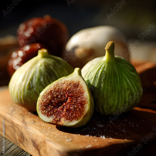 A closeup shot showcases a vibrant assortment of figs, some halved to reveal their ruby interiors, alongside dates and a mushroom on a rustic wooden board
