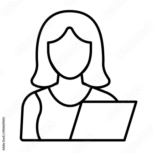 Woman and test sheet paper thin line icon, family therapy concept. Vector graphics. Young woman and notebook, profile sign on white background, style icon mobile or web design.
