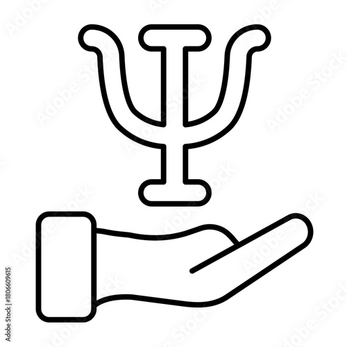 Trident and helping hand thin line icon, mental therapy concept. Vector graphics. Hand with trident, psychiatry sign on white background, style icon mobile or web design.