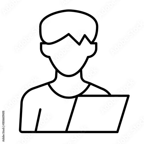 Man and test sheet paper thin line icon, family therapy concept. Vector graphics. Young man and notebook, profile sign on white background, style icon mobile or web design.