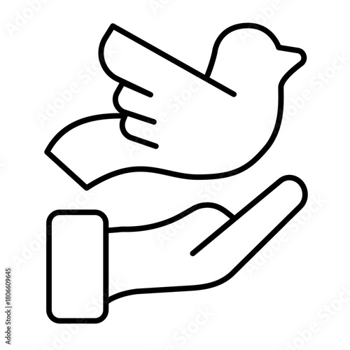 Pigeon and helping hand thin line icon, charity concept. Vector graphics. Hand with dove bird, peace sign on white background, style icon mobile or web design.