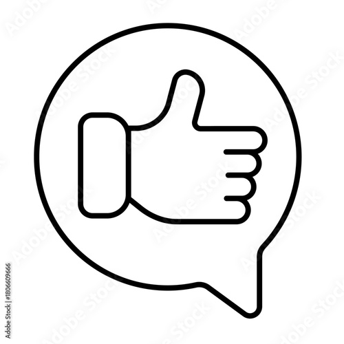 Bubble with thumb up hand thin line icon, psychiatry concept. Vector graphics. Like symbol in speech dialog, positive review sign on white background, style icon mobile or web design.