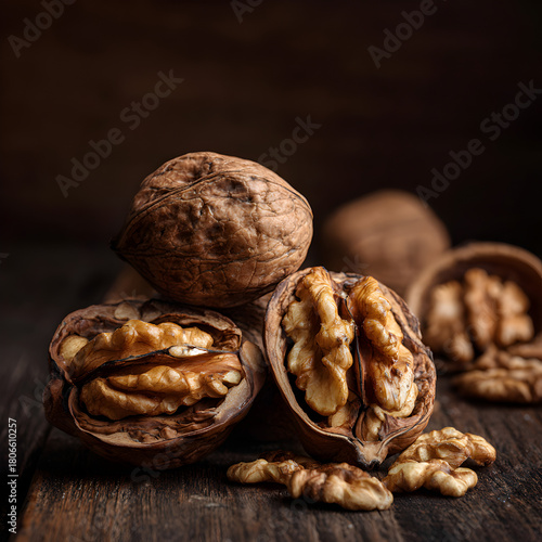 A closeup shot of walnuts on a wooden surface, showcasing their textures and details, with a dark background creating a warm and inviting atmosphere