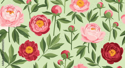 A repeating floral pattern featuring various peony blooms and green foliage elements.