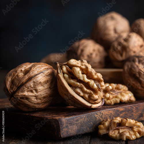 A closeup shot captures the intricate details of walnuts, showcasing their textured shells and the exposed, brainlike kernels on a rustic wooden surface