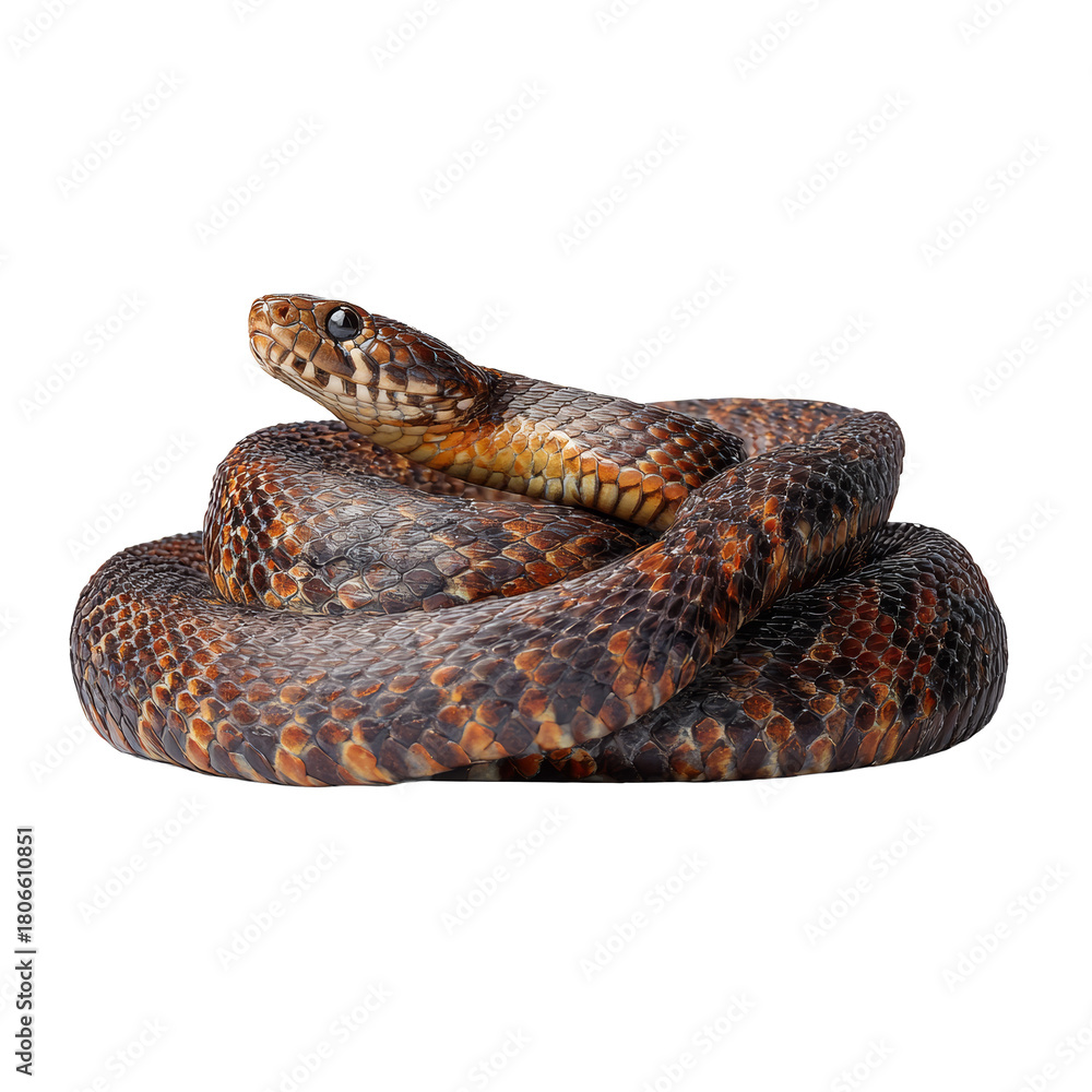 Fototapeta premium Coiled snake looking up on transparent background