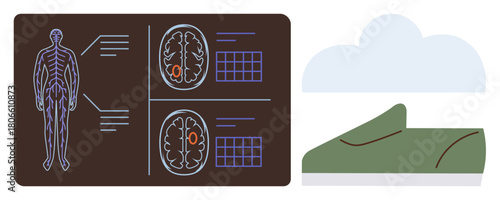 Anatomical chart of nerves and brain scans paired with a green shoe and cloud-thumbs up figure. Ideal for health, anatomy, neuroscience, sports science, wellness, diagnostics, simple flat metaphor