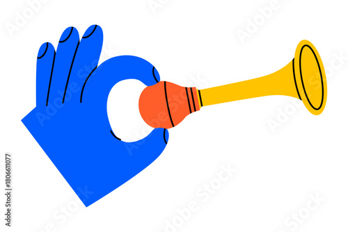 Hand drawn cute illustration of hand holding car retro klaxon. Danger alarm sound signal. Flat vector attention loud noise doodle. Arm honking a vehicle's horn. Warning trumpet icon. Isolated.
