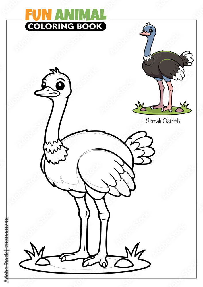 Naklejka premium Somali Ostrich Bird Coloring Book Page for Kids with a Full Color Reference