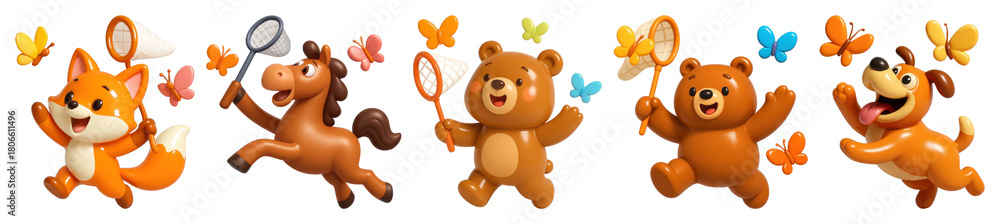 Naklejka premium PNG Playful animals chasing butterflies, element set on transparent background