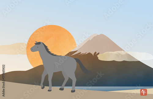 Sunrise over Mount Fuji and a scene with a gray horse