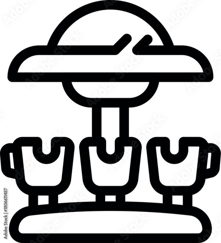 Carousel seats hanging from a ufo shaped canopy, representing a fun amusement park ride