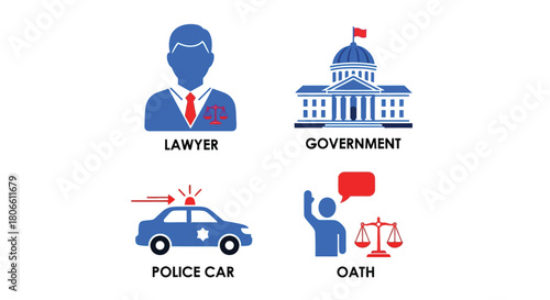 Vector illustration of lawyer, government, police car, and oath icons