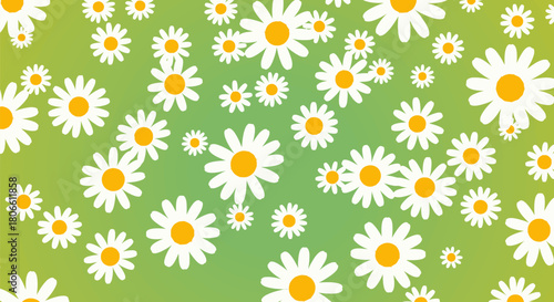 A vibrant and cheerful illustration featuring a scattering of daisy flowers against a gradient green background.