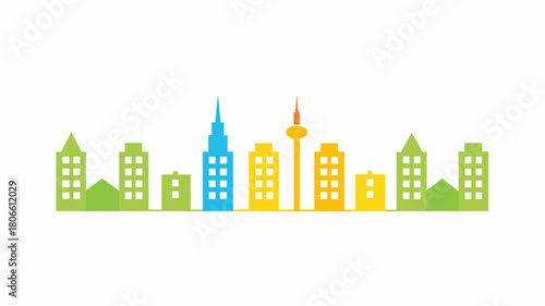 Vibrant city skyline illustration with playful, colorful buildings perfect for urban development projects, modern architecture concepts, and city planning presentations