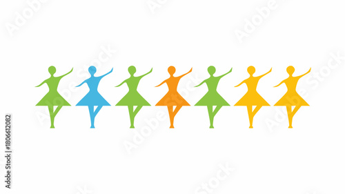 Colorful dancing figures in a row evoke joy, movement, and creativity, perfect for art projects, dance studios, or promoting positive energy and teamwork