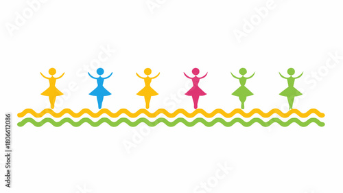 Colorful stylized dancers in a row, perfect for performance art, dance studio branding, kids' designs, or creative projects with a playful and vibrant feel