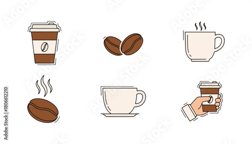 Hot Drink & Takeaway Coffee Icon Set – Cup, Latte, Espresso, Beverage, Morning & Breakfast Vector