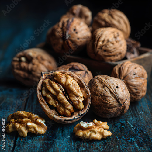 A closeup shot showcases a collection of walnuts, some still encased in their shells, while others are cracked open, revealing the edible nut inside