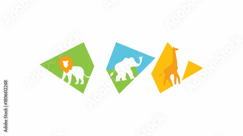 Free Download Vibrant animal icons featuring a lion, elephant, and giraffe in geometric shapes perfect for a zoo, safari, or wildlife conservation organization logo - GFXLoad