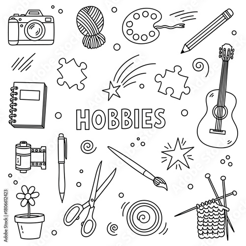 Creative hobbies doodle: music, art, photography, craft, and knitting icons