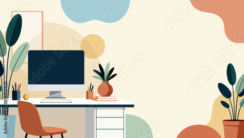 Stylish home office workspace with computer and indoor plants  