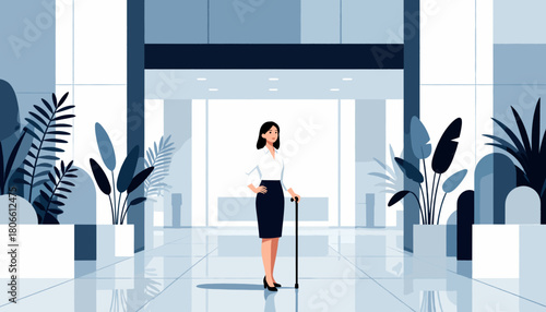 Businesswoman standing with cane in modern office lobby with plants  