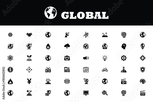 Explore global concepts with this diverse vector icon set for websites, apps, and presentations showcasing innovation, technology, and worldwide connection