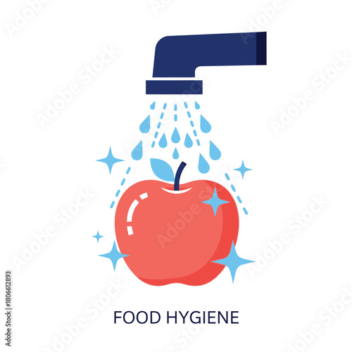 Vector illustration of food hygiene concept apple being washed under a tap