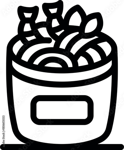 Plastic bucket containing pre cooked shrimp, noodles, and herbs, ready for a quick and easy seafood meal