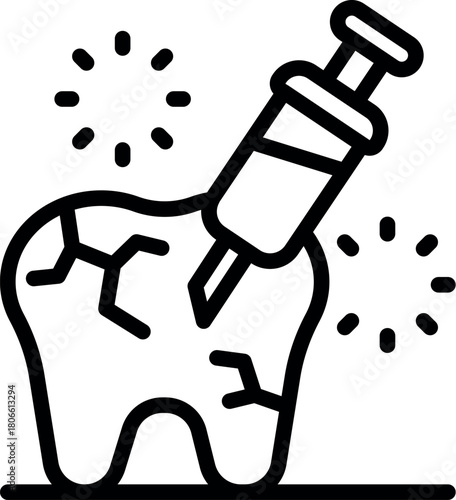 Syringe injecting anesthesia into cracked tooth, representing dental care and pain relief during procedures