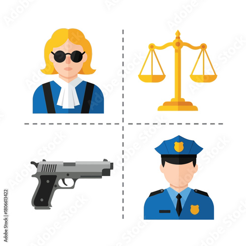 Vector illustration of law and justice icons judge, scales, gun, and police officer