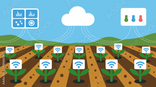 smart farm field with a sensor network connecting plants to a cloud dashboard, vector illustration for the internet of things iot in agriculture and precision farming