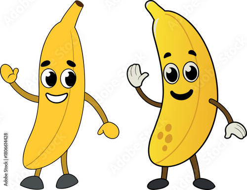 banana character cartoon, funny fruit vector, happy banana illustration, tropical fruit design, smiling fruit drawing, cute banana artwork, healthy food poster, fruit mascot vector, yellow banana char