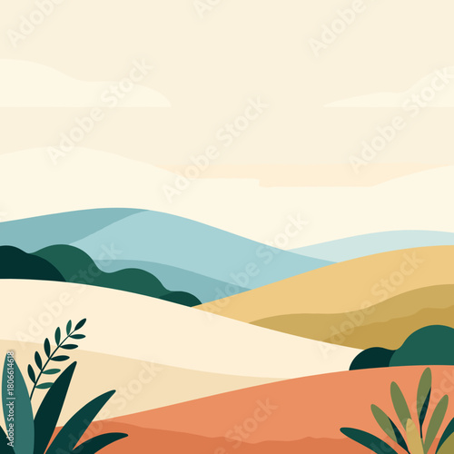 Abstract landscape with rolling hills and greenery in warm colors  