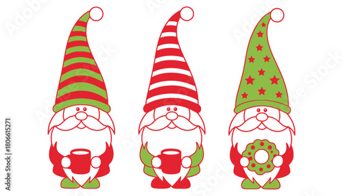 Three cartoon gnomes with hats and beards holding mugs and a wreath