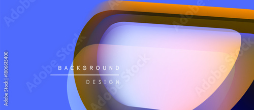 Abstract design features layered shapes, vibrant colors. Blue background contrasts orange, white elements. Text reads background design. Modern, dynamic composition.