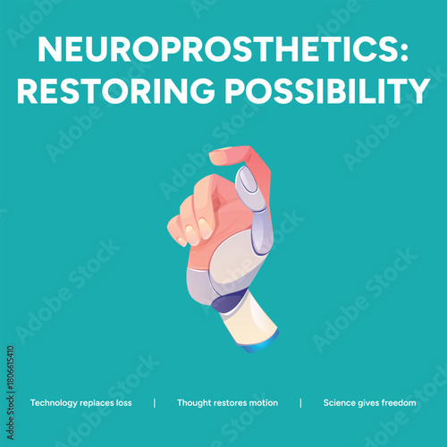 Neuroprosthetics restoring possibility with robotic hand on blue background