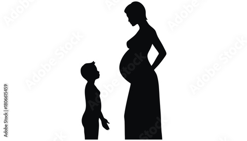 Silhouette of pregnant woman and child looking at her belly shape