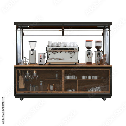 Modern mobile coffee cart with espresso machine and transparent background