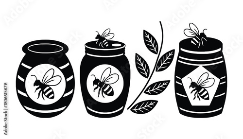 Three honey jars with bees and a branch in black and white design style