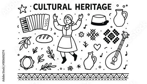 Cultural heritage doodle with dancing woman and musical instruments