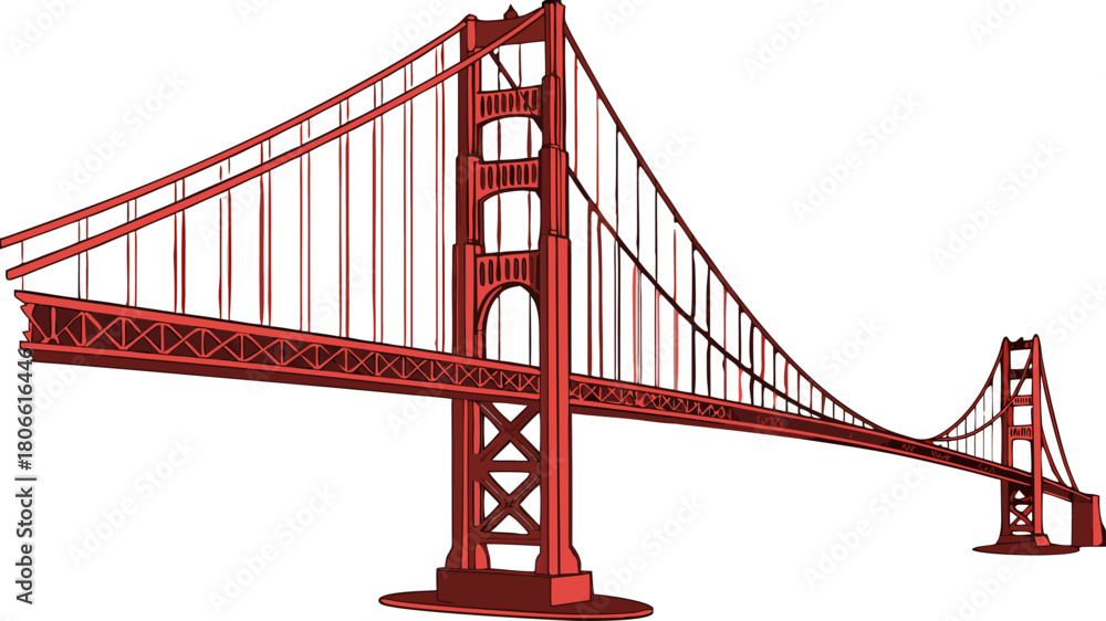 Obraz premium Red Gate Bridge silhouette with detailed structure, isolated vector graphic.