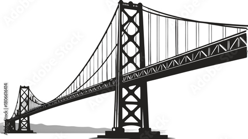 San Francisco black Gate Bridge, detailed design, isolated clean vector artwork.