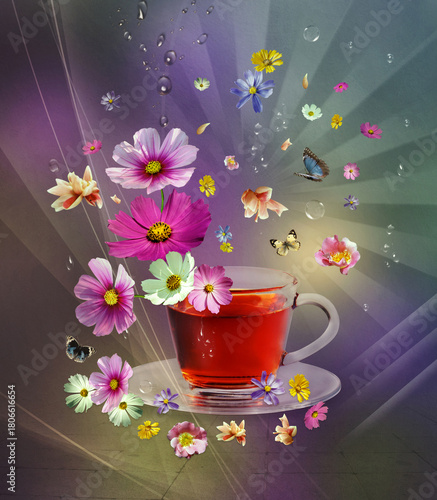 Floral fantasy. Glass tea cup on a background of colorful flowers and butterflies. Digital art.