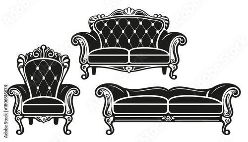 Three ornate black and white furniture pieces sofa and armchair vector