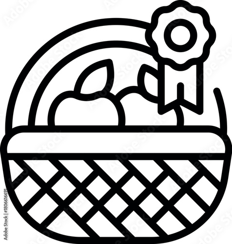 Freshly harvested apples presented in a basket, accompanied by an award ribbon, signifying premium quality and recognition