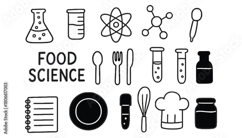 Food science themed drawing with kitchen and laboratory equipment icons