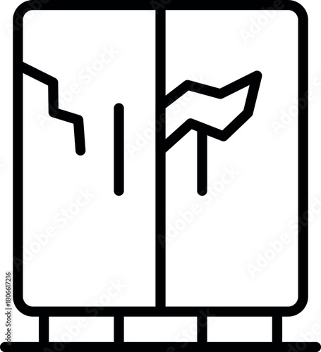 Simple line icon representing broken wardrobe with damaged doors, ideal for furniture repair or insurance concepts