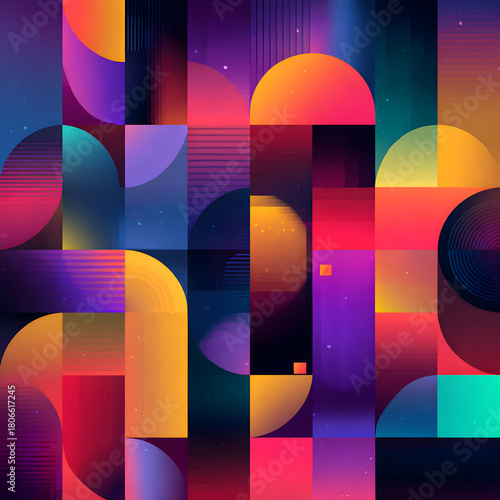 A vibrant mosaic of geometric shapes in a retrofuturistic style, featuring a harmonious blend of warm and cool colors, creating a visually dynamic pattern